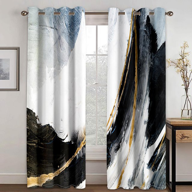 Yiran Furniture Set aus 2 semi-transparenten Vorhängen mit abstraktem Grafikdesign in Blau, Gold und Grau, Breite: 100 cm, Höhe: 130 cm - Bild 1