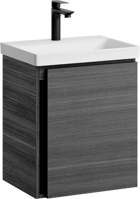 Planetmöbel Waschtischunterschrank Anthrazit mit Keramikwaschbecken und Armatur in Schwarz, modern und wandmontiert, Breite: 50 cm - Bild 1