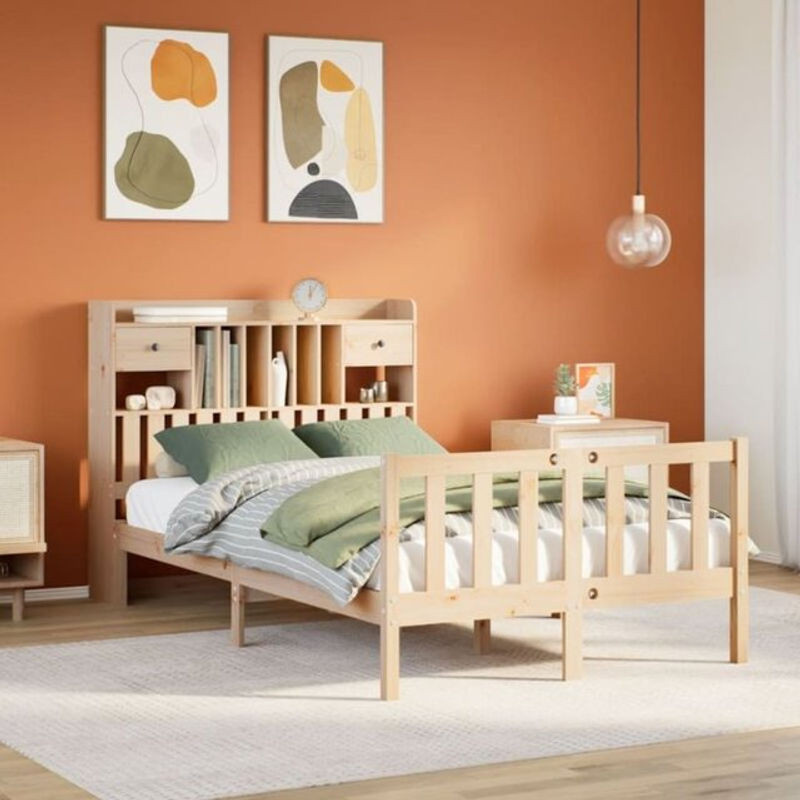 Massivholzbett Vidaxl aus Kiefernholz mit Regal in Braun und Natur, Skandinavischer Stil, B/T: 135 x 190 cm - Bild 1