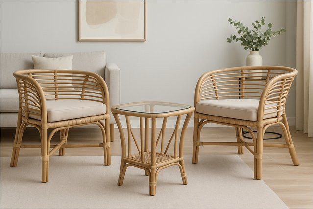 Möbel direkt online 3-teilige Rattansitzgruppe mit Sitzkissen in Beige im modernen Design - Bild 1