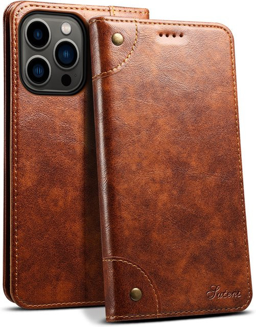BSIDE Brieftasche Flip Handyhülle aus Leder für iPhone 17 Air 16 15 Plus 14 13 12 11 Pro X XS Max mit magnetischem Kartenhalter in Braun - Bild 1