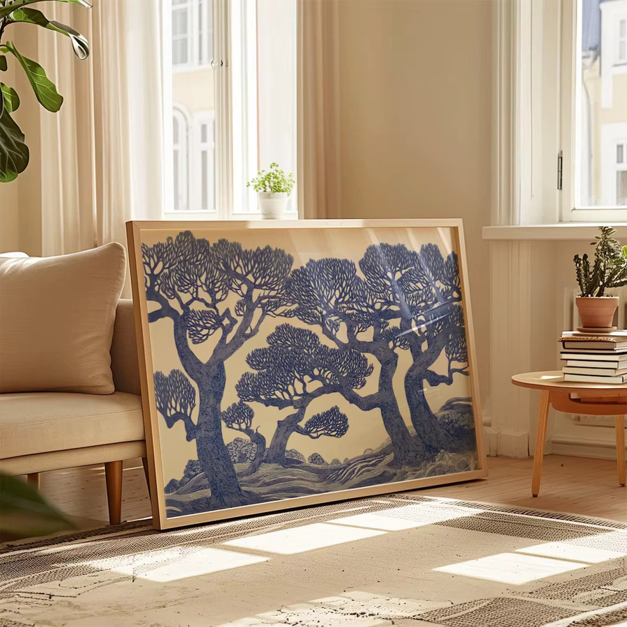 Vintage Eichenbaum-Druck von SHENCHEN als blaues Linocut-Waldlandschaftsgemälde und botanisches Poster mit Tieren auf Papier - Bild 2