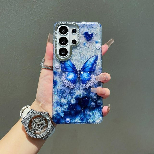 Samsung Handyhülle mit Glitzer Schmetterling und Liebe Design in Blau für Galaxy S26 Ultra S24 Plus S23 Ultra - Bild 1