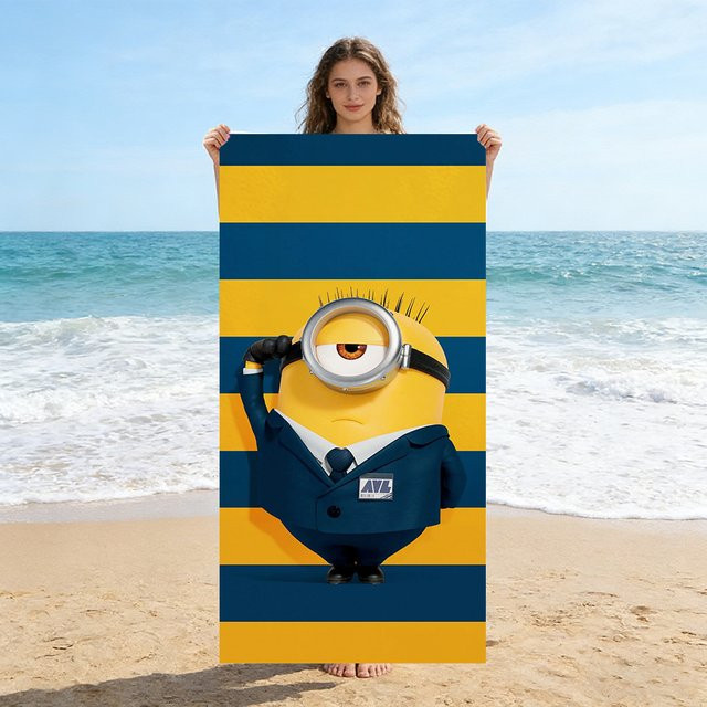 Strandtuch Potdemiel gelb und blau gestreift mit niedlichen Kreaturen, schnell trocknend, Unisex - Bild 1