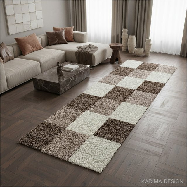 Kadima Design Hochflor Teppich RHEIN in Braun, kariert, B: 80 cm, T: 250 cm - Bild 1