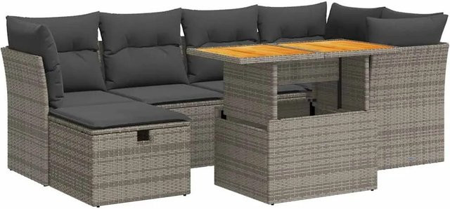 vidaXL 7-tlg Garten-Sofagarnitur in L-Form mit Kissen und Couchtisch, Grau, Poly Rattan und Akazie - Bild 1