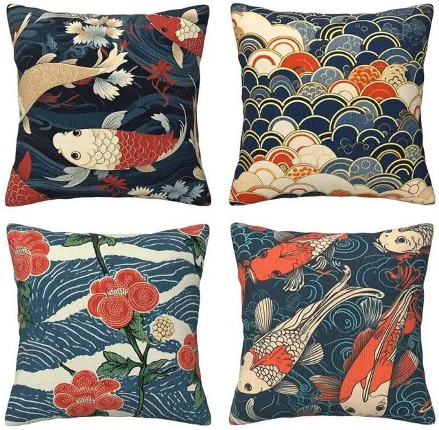 Dekokissenbezug mit Koi-Fischen und floralen Mustern von Tinika Chen in Multicolor, Material: Kurzer Plüsch, B/H: 18 x 18 cm - Bild 1