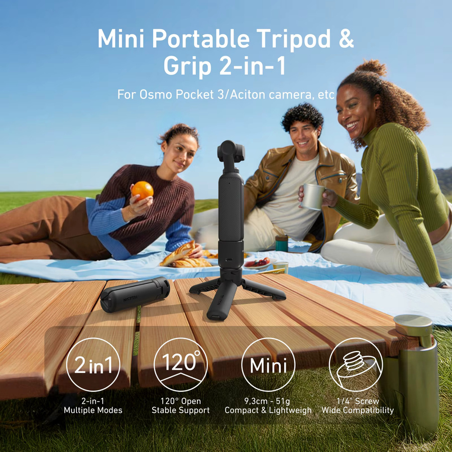 TELESIN Mini Quick Release Universal Stativ Handgriff in Schwarz für GoPro Insta360 und DJI Osmo Action Kameras mit 1/4 Zoll Schrauben Adapter - Bild 2