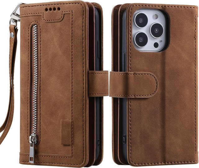 Leder Geldbörse mit Reißverschluss und Handyhülle für Apple iPhone 13 bis 17 Pro Max in Braun - Bild 1
