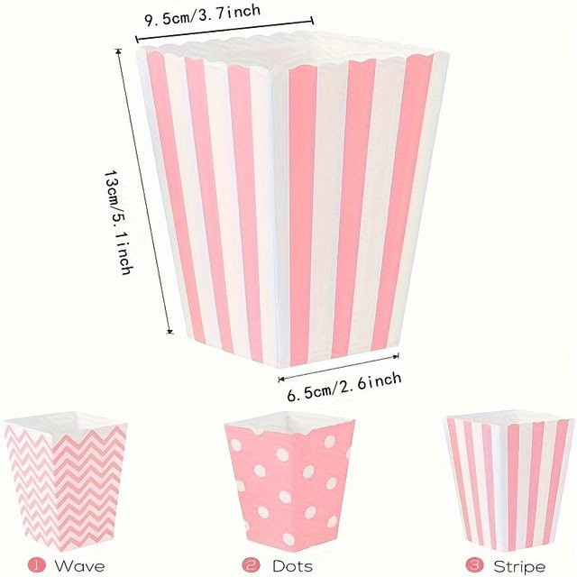 12er Packung rosa Popcorn-Boxen aus Papier mit Streifen und Punkten für deine Party oder das Kino - Bild 1