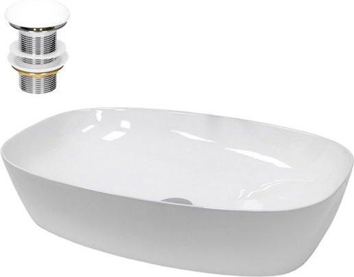 LuxeBath Waschbecken aus Keramik in Weiß, Oval, Aufsatzwaschbecken ohne Überlauf inklusive Ablaufgarnitur, B/T/H: 60,5 x 38 x 14 cm - Bild 1
