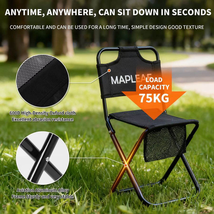 MAPLEAF Faltbarer Strandstuhl in Schwarz, ultraleichter und tragbarer Campingstuhl für Outdoor, Picknick und Angeln - Bild 3