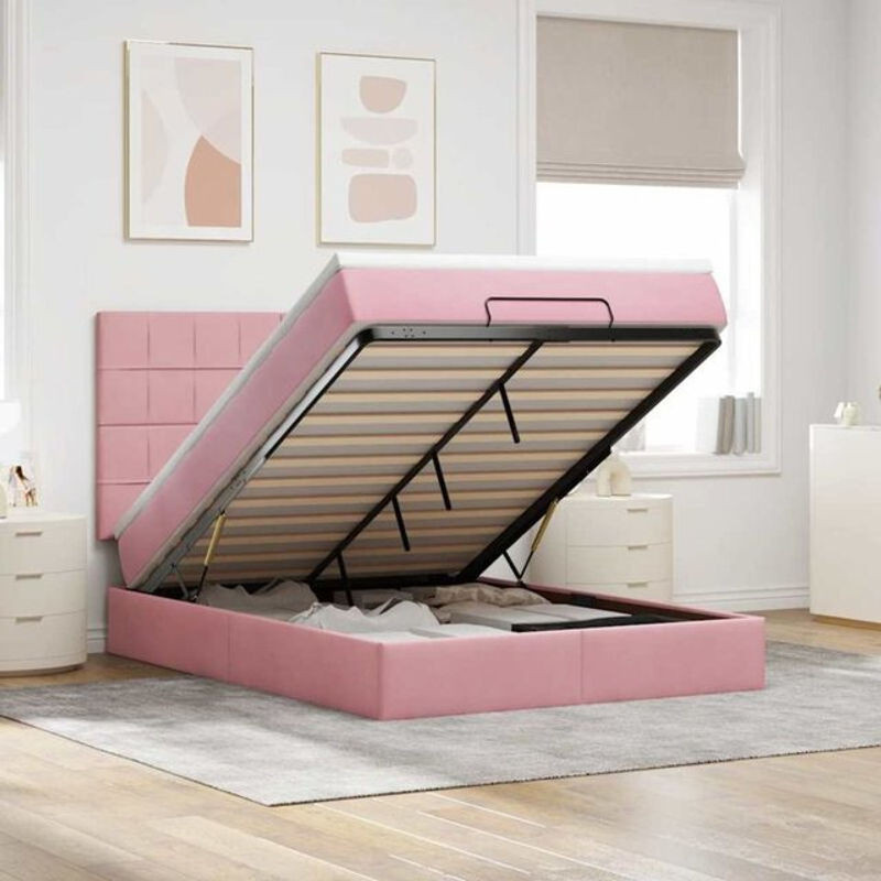 Vidaxl Ottoman Polsterbett mit Matratze und LED in Rosa aus Samt, B/T/H: 140 x 190 x 128 cm - Bild 1