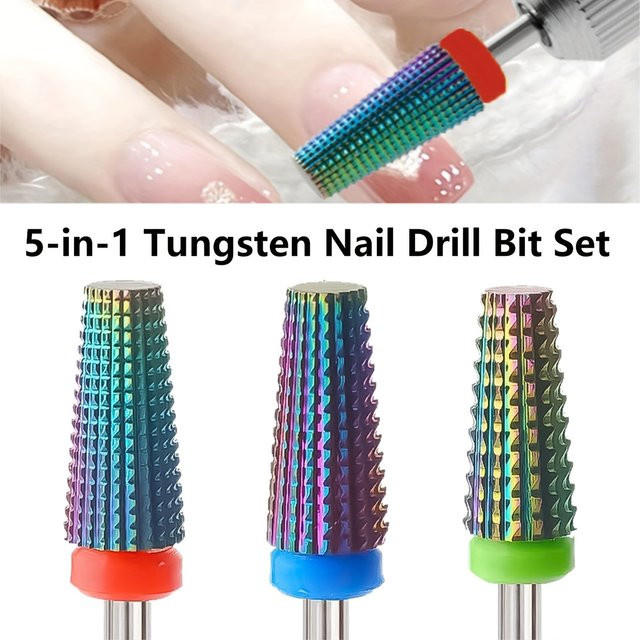FUMOSIK 5in1 Nagelbohrer aus Wolframstahl, bunter Kegelfräser, Metallic - Bild 1