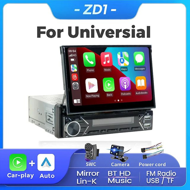 NAVIFANS Universal 1Din MP5 Autoradio mit 7 Zoll IPS Versenkbarem Bildschirm, Carplay, Android Auto und GPS Navigation, Schwarz - Bild 1