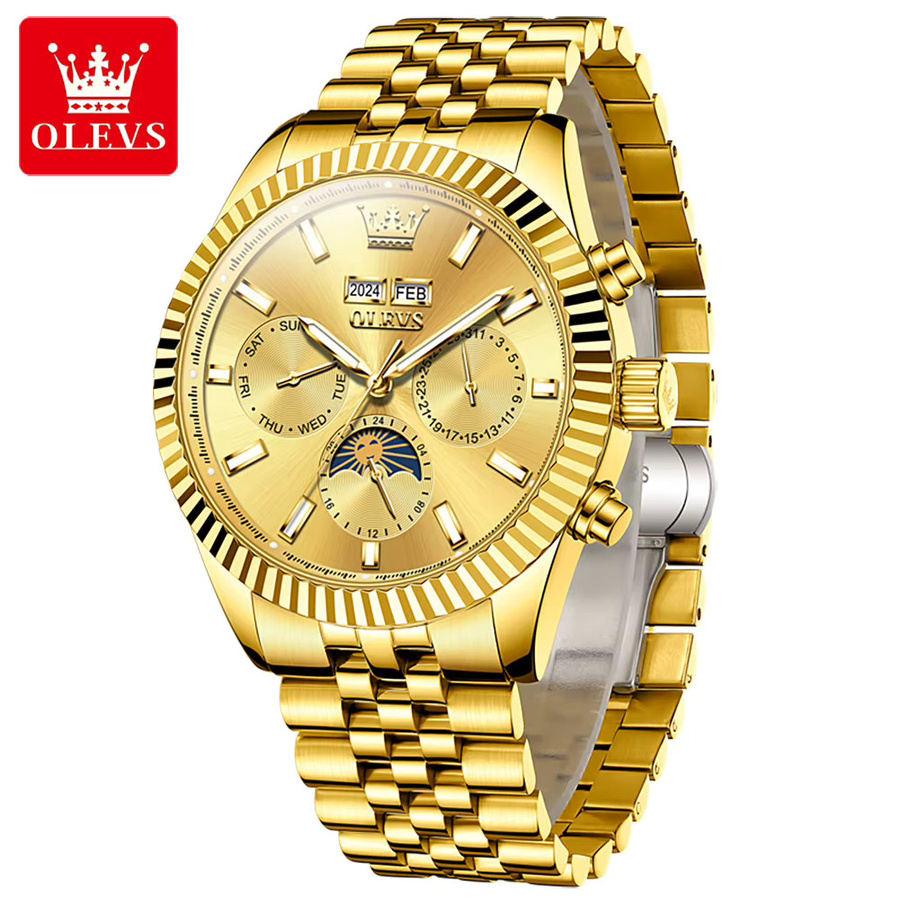 OLEVS Armbanduhr Automatik, Mondphase, Doppelkalender, Gold, Edelstahl, Herren - Bild 2