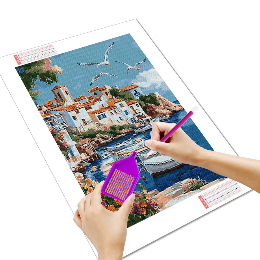 Huacan 5D-Diamantgemälde zum Selbermachen Mediterrane Landschaft mit Meer, Gebäuden und Booten, Multicolour - Bild 2