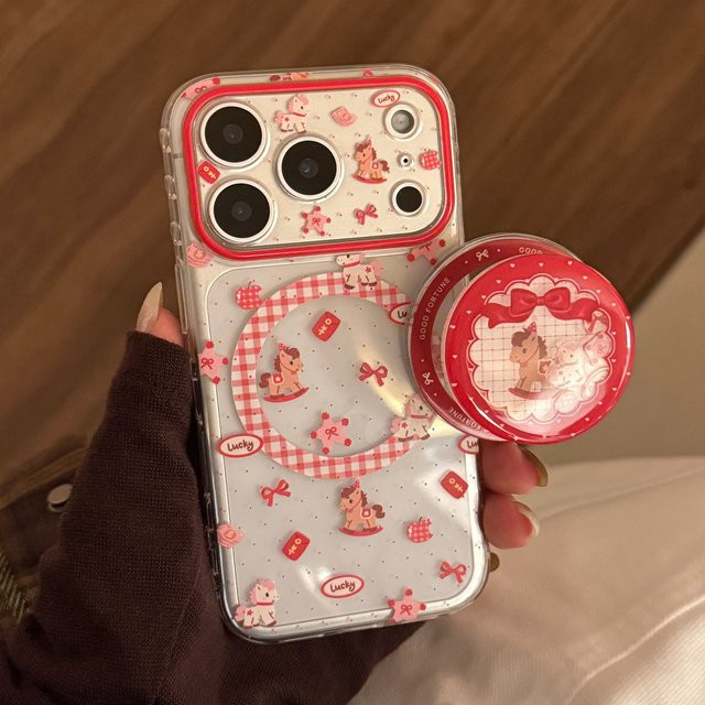 Potdemiel Magnetische Handyhülle mit Koreanischem Cartoon-Pferd Design für iPhone 17 16 15 14 13 12 Pro Max, Transparente Stoßfeste Weiche Schutzhülle - Bild 1