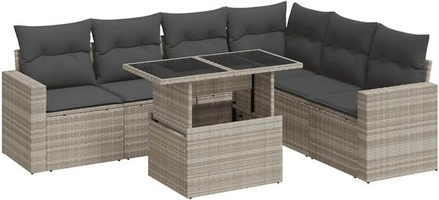 vidaXL 7-tlg. Garten-Sofagarnitur in L-Form mit Kissen und Couchtisch, Hellgrau, Poly-Rattan - Bild 1