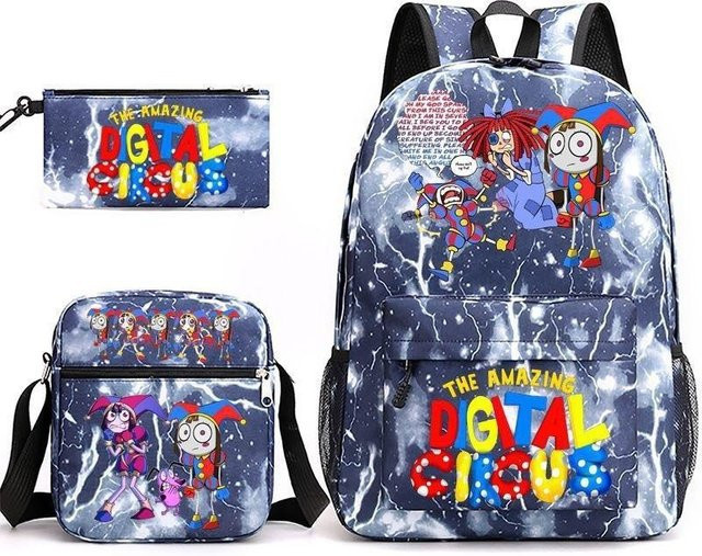 3-teiliges Schulrucksack-Set Digital Circus in Blau mit Federmäppchen und Schultergurt aus Oxford-Stoff - Bild 1