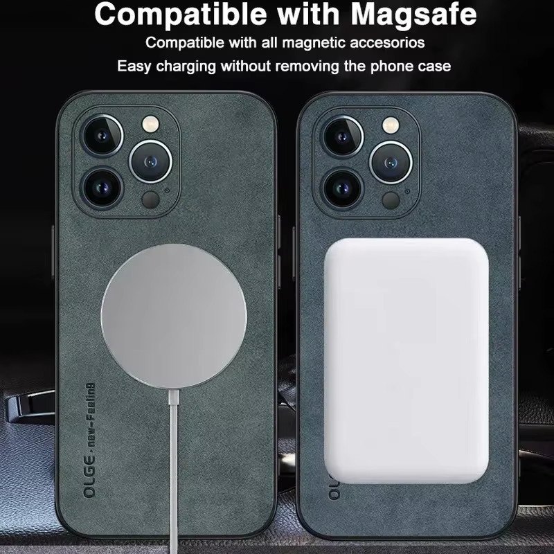 RUWANGAA MagSafe Luxus Leder Schutzhülle für iPhone 11 bis 17 Pro Max Plus, Magnetische Wireless Charging Hülle, Schwarz - Bild 2