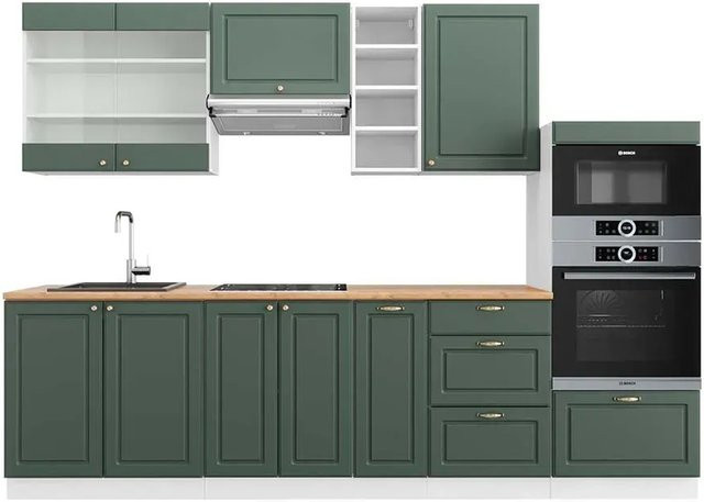 Vicco Fame-Line Küchenzeile Landhaus Stil in Grün-Gold-Weiß mit Eiche Optik, Breite: 280 cm, Höhe: 82 cm, Tiefe: 60 cm - Bild 1