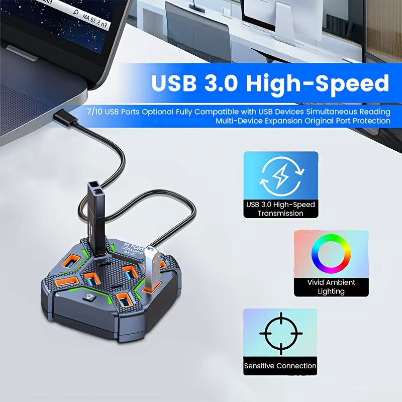 USB-C Dockingstation mit 7 USB 3.0 Ports und RGB-Beleuchtung, stromversorgter Multi-USB-Splitter für Laptop und PC, Schwarz - Bild 5