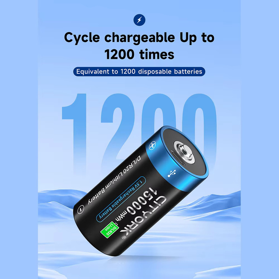 CITYORK Wiederaufladbare LR20 D-Batterien 1,5V USB-C Li-Ionen-Akku 15000mWh Schwarz - Bild 1