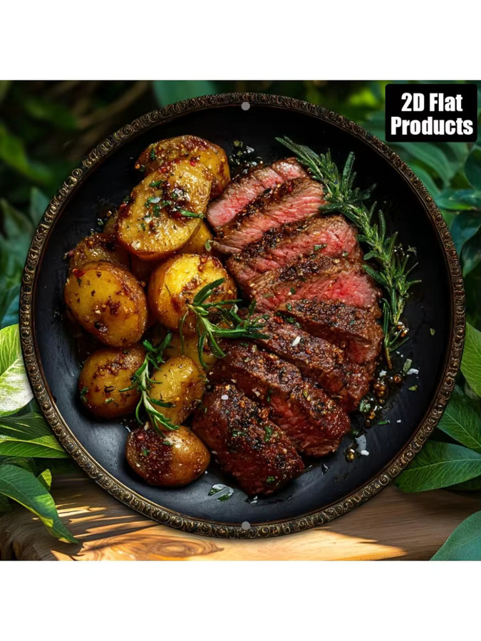 Rundes Metallschild von HELLOYOUNG mit Steak- und Kartoffelmotiv als rustikale Aluminium-Wandkunst in Mehrfarbig - Bild 5