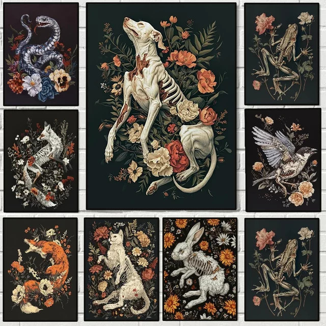 Potdemiel Leinwandgemälde mit Blumen-Skelett-Tieren im Dark Academia Stil, Gotische Wandkunst Illustration in Mehrfarbig - Bild 1