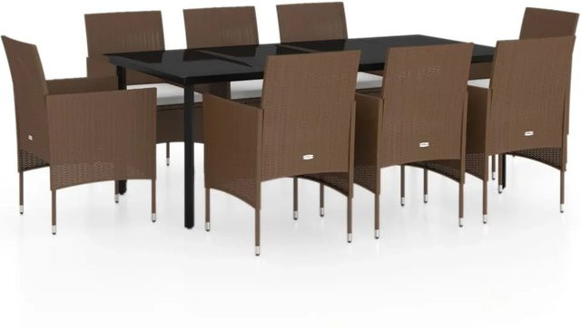 vidaXL 9-teilige Garten-Essgruppe aus PE-Rattan und pulverbeschichtetem Stahl in Braun und Schwarz mit Glastisch - Bild 1