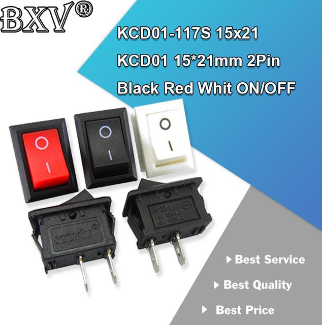 10er Set KCD01-117S Rocker Schalter SPST Panel Mount, 2-Pin Netzschalter AC 6A/250V 10A/125V, Farben: Schwarz, Rot, Weiß, Maße: 15 x 21 mm - Bild 1