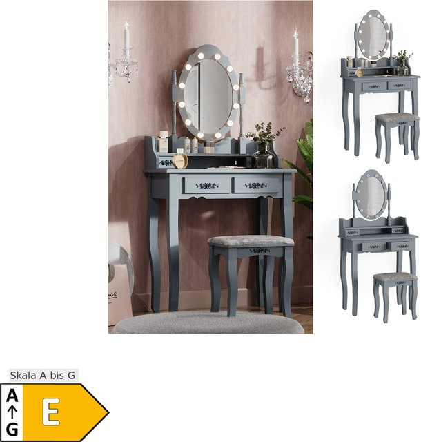 Vicco Schminktisch Maggie in Grau im Barock-Stil mit LED-Beleuchtung und Hocker, B: 75 cm, H: 147 cm - Bild 1