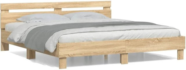 vidaXL Bettgestell mit Kopfteil aus Holzwerkstoff in Sonoma-Eiche, Farbe Braun, B/T/H: 200 x 200 x 205 cm - Bild 1