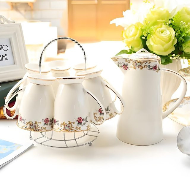 7-teiliges Bacugi Teeservice aus weißem Knochenporzellan mit floralem Design - Bild 1