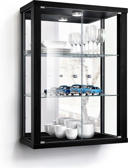 K-Möbel Wandvitrine aus Glas in Schwarz mit LED-Beleuchtung und Spiegel, B/H/T: 80 x 60 x 25 cm - Bild 1