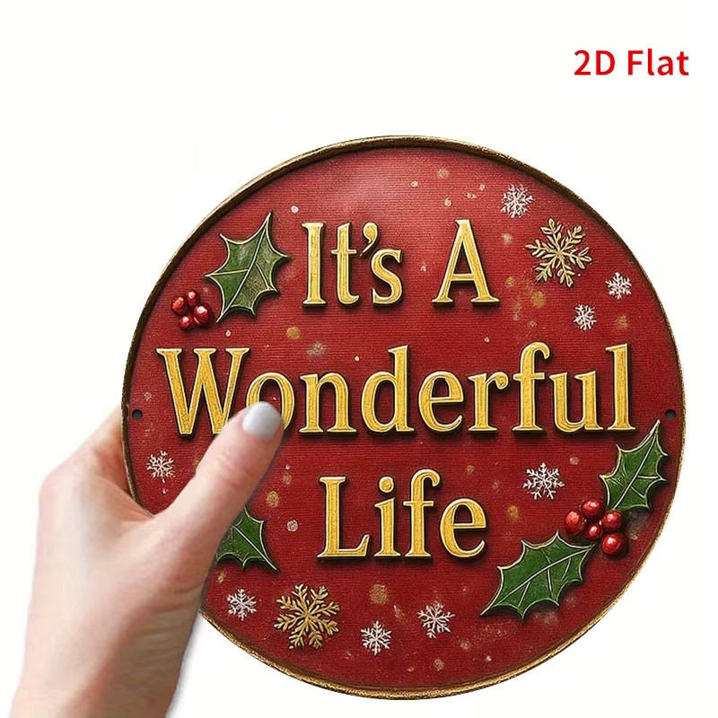 Potdemiel Weihnachts-Wanddekorationsschild aus Metall in Rot und Gold mit It's a Wonderful Life Schriftzug, Durchmesser: 20 cm - Bild 3