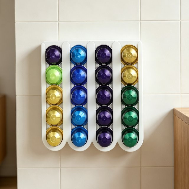 Nespresso Kaffeekapselhalter für 20 Kapseln in Weiß, Wandmontage mit selbstklebender Aufbewahrung als Regal aus Kunststoff - Bild 1