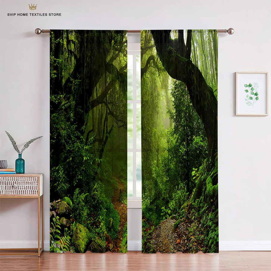 Yiran Furniture Vorhänge mit Naturlandschaft und grünen Blättern, 2er-Set, semi-transparent, Polyester, Breite: 50 cm, Höhe: 130 cm - Bild 1