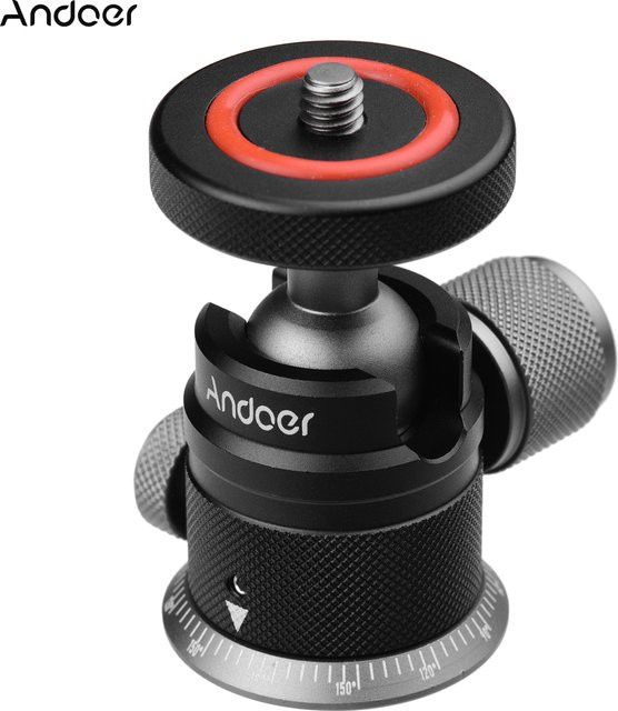 Andoer Stativ-Kugelkopfhalterung aus Aluminiumlegierung in Schwarz mit 360° Panorama-Drehung und skalierter Basis sowie universeller 1/4-Zoll-Montage für spiegellose Kameras - Bild 1