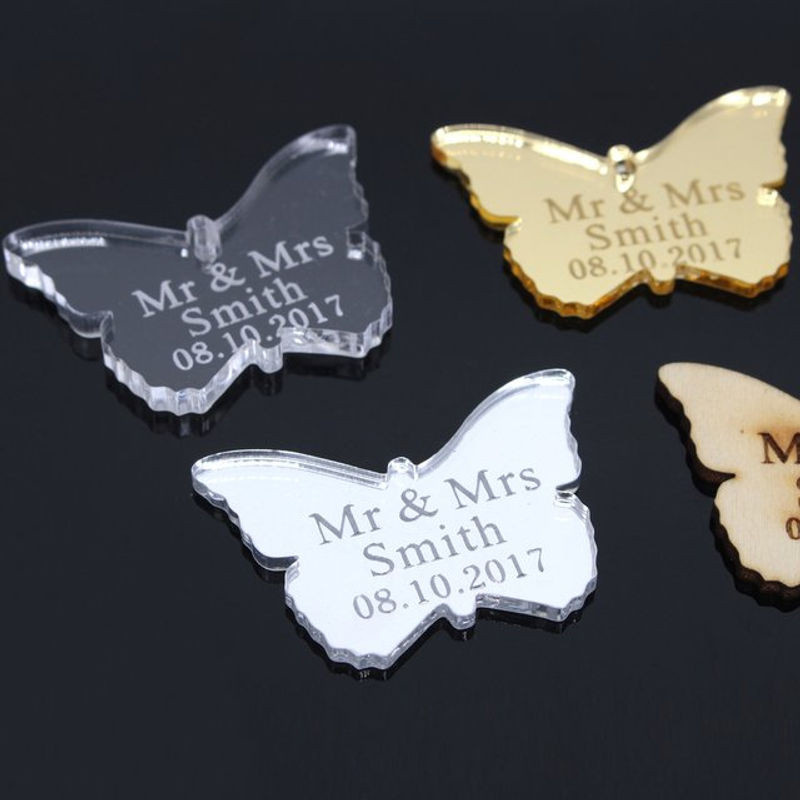 Personalisierte Acryl Schmetterling Spiegel in Silber oder Gold für Hochzeit, Baby Taufe und Dekoration mit individuellem Namen oder Gravur - Bild 1