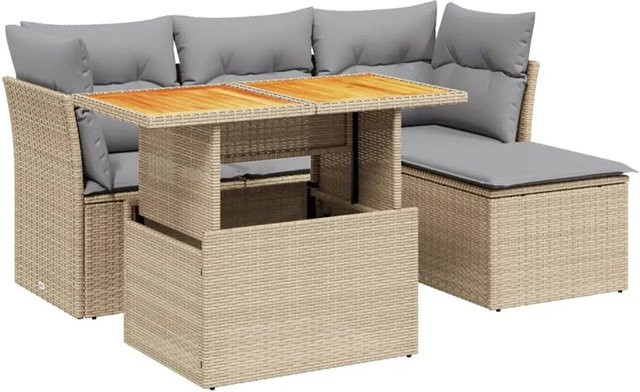 vidaXL 6-tlg Garten-Sofagarnitur aus Poly Rattan in L-Form mit Kissen und Tisch, Beige - Bild 1