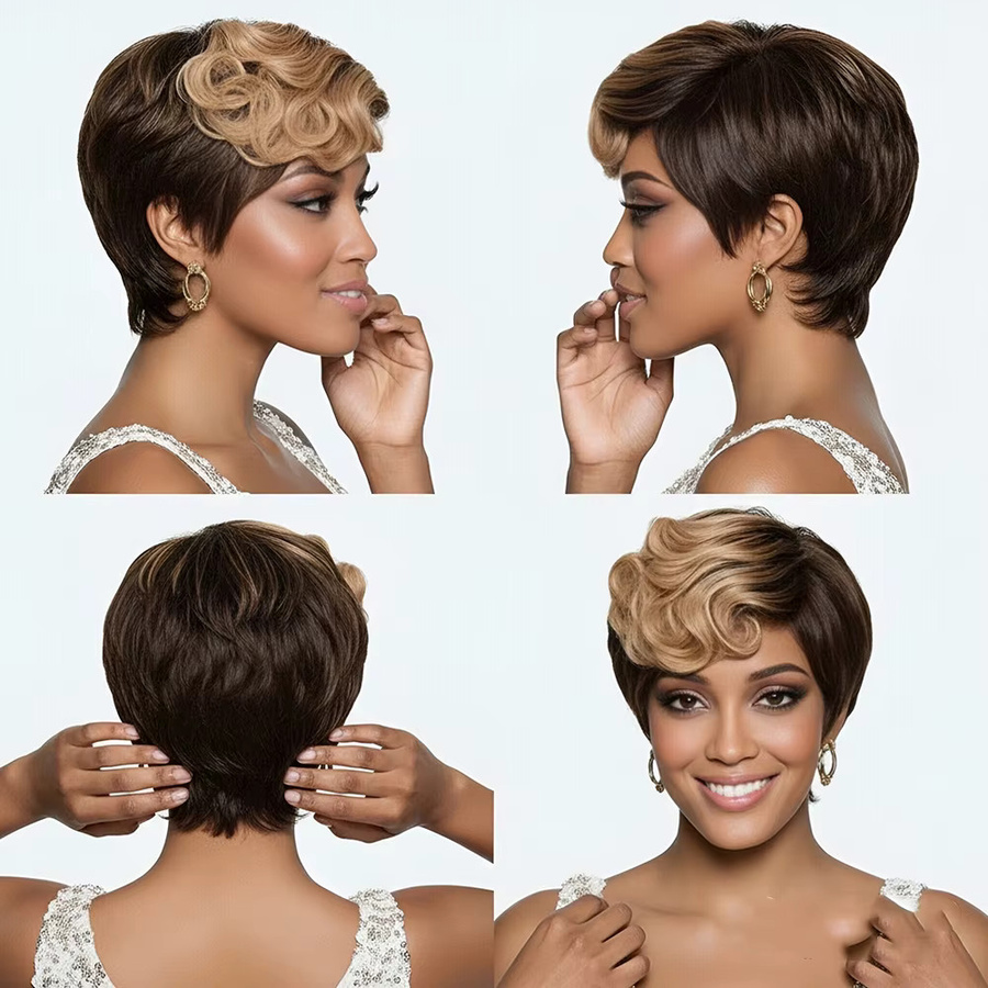 OYM HAIR Perücke, braun blonde lockige Pixie-Perücke, Echthaar, Damen - Bild 2