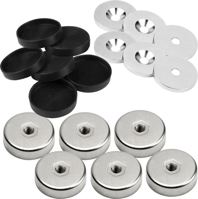 vasalat Topfmagnet Ø 25 mm mit Gewinde, 18-teiliges Set aus Metallscheiben und Gummikappen in Silber und Schwarz - Bild 1