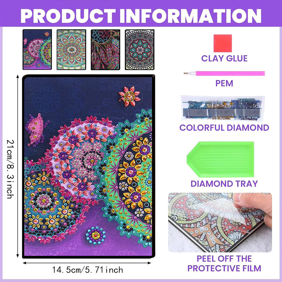 DIY-Diamant Kunst-Notizbuch mit Mandala-Muster, Hardcover, A5, Mehrfarbig - Bild 2