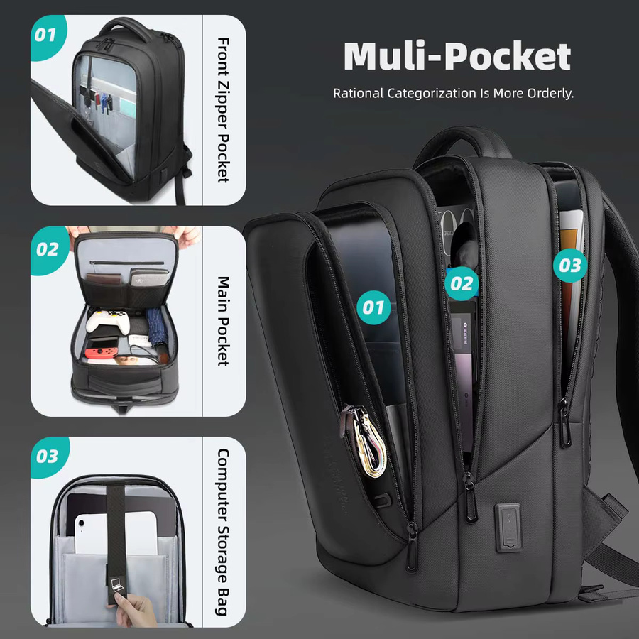 Heroic Knight Multifunktionaler Herren-Rucksack für 15,6-Zoll-Laptops, wasserdicht, große Kapazität mit USB-Anschluss, Schwarz - Bild 4