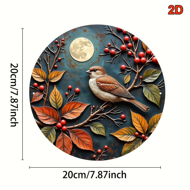 Rundes Aluminiumschild Potdemiel Herbstspatz mit Beeren und Vollmond im Landhausstil, Durchmesser: 20,32 cm - Bild 2