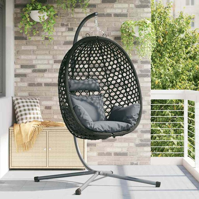 vidaXL Hängesessel Eierstuhl mit Ständer und Kissen in Anthrazit und Schwarz aus Poly Rattan, B/T/H: 104 x 100 x 191 cm - Bild 2