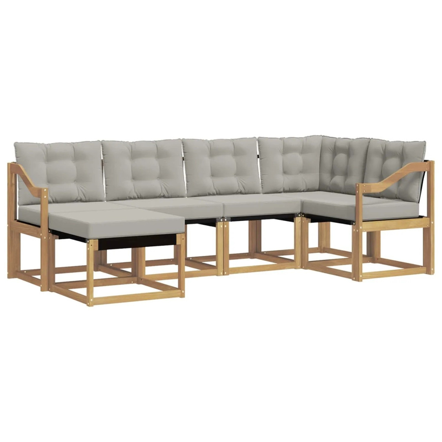 vidaXL Outdoor-Sofagarnitur 6-teilig in L-Form aus Akazienholz mit Textilene und Kissen in Weiß-Hellgrau - Bild 2