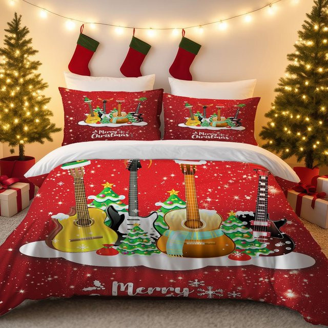 Lodestar 3-teiliges Bettwäscheset mit Weihnachts-Musik-Gitarren-Druck in Rot, B/H: 135 x 200 cm - Bild 1
